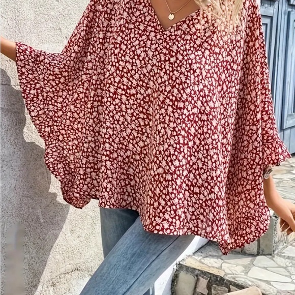 NWOT Print V Neck Blouse, Elegant Batwing Sleeve Tie Back Top - Picture 4 of 10
